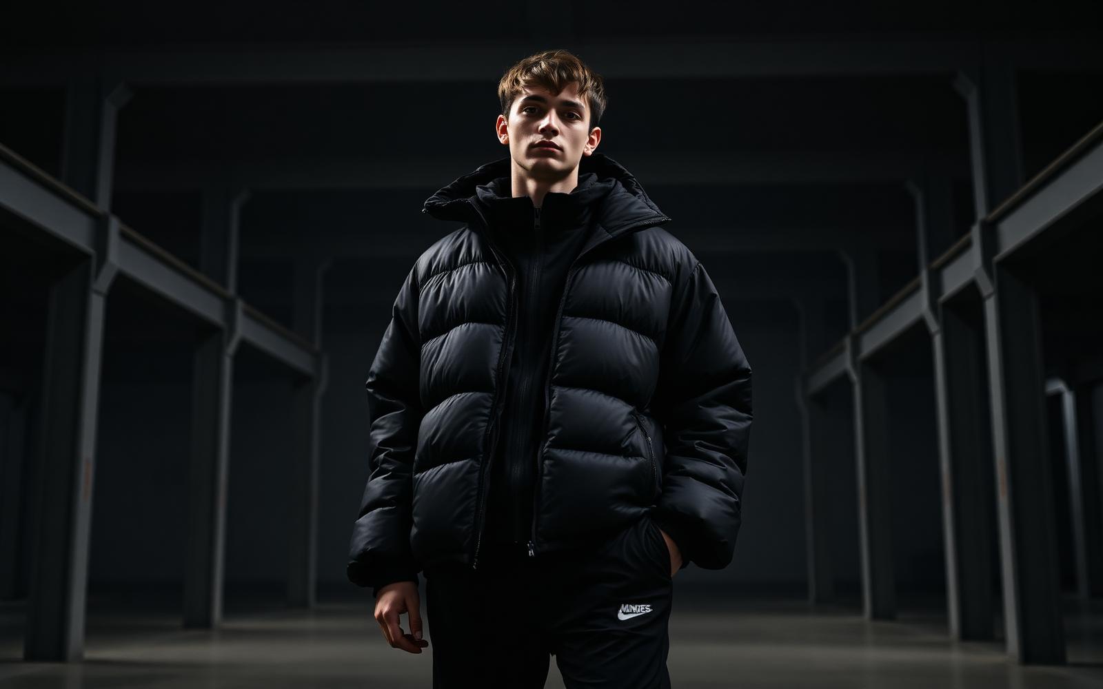 Model wearing an oversized black puffer jacket and tracksuit